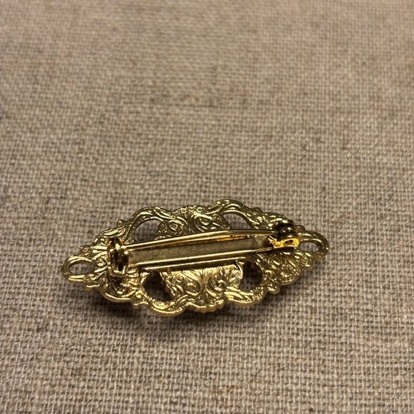Vintage Gold Tone Faux Pearl Brooch - Victorian Revival Filigree Pin - Picture 3 of 11